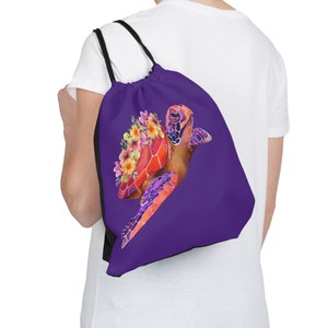 Sea Turtle with Flowers Outdoor Drawstring Bag