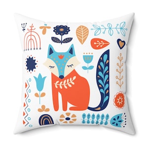 Folk Art Fox Polyester Square Pillow Scandinavian Home Decor Gift for Folk Art Lover Throw Pillow Room Accent