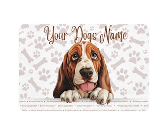 Bassett Hound kundenspezifische Haustierfuttermatte für Hunde, personalisierte Hundefütterungsmatte, Hundeliebhabergeschenk, Haustiernäpfe, niedlicher Hundedekor, Pfotenabdruck-Design