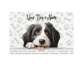 Tapete de comida personalizado para perros de Collie Barbudo / Tapete de alimentación para perros personalizado / Tapete para comedero de perros / Mantel individual para mascotas / Regalo para cachorros / Diseño de hueso