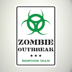 Puede incluir: Un cartel blanco con un símbolo de riesgo biológico verde y el texto "Zombie Outbreak Response Team".