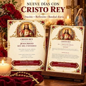 May include: Two printed devotional cards titled NUEVE DÍAS CON CRISTO REY featuring an illustration of Jesus Christ wearing a crown and holding an orb. The cards include Spanish text, floral borders, and are displayed with a rosary and candle.