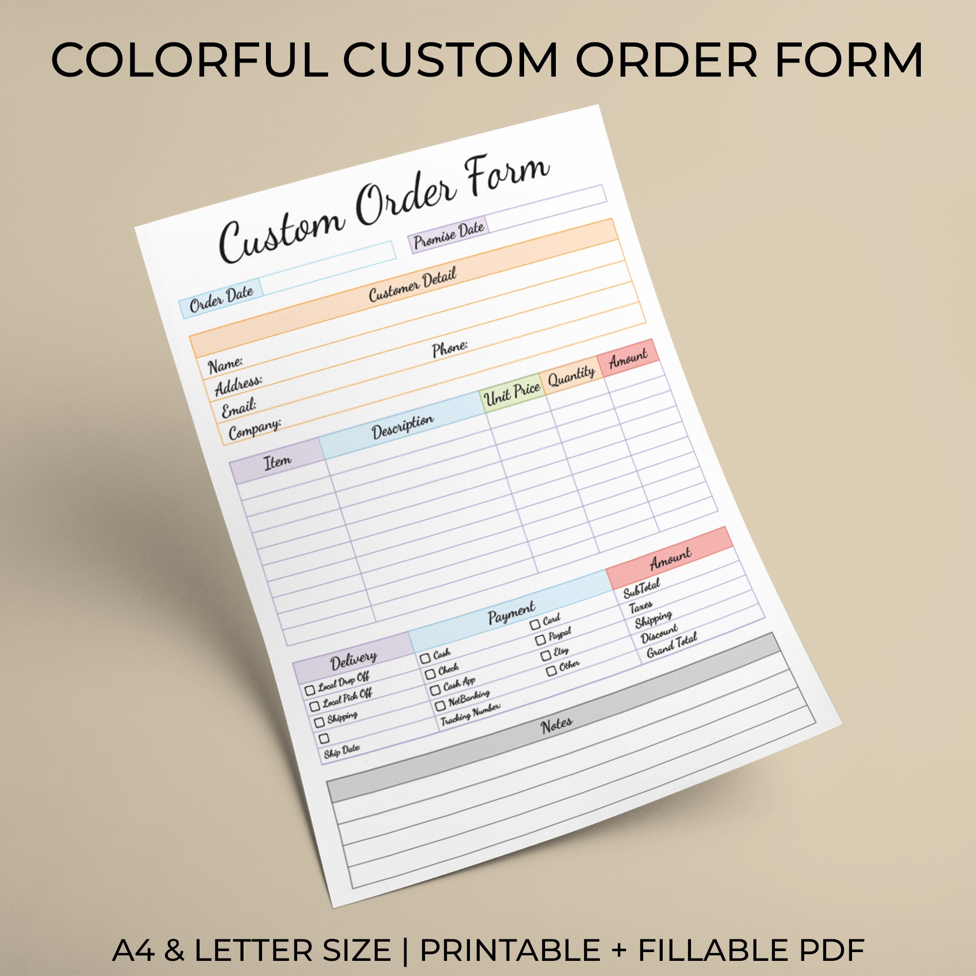 Colorful Custom Order Form Custom Order Form Template Purchase Order ...