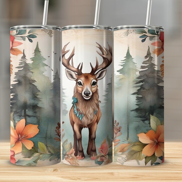 Tumbler Wrap PNG, Enchanted Forest Deer Tumbler, Cup, Floral Nature Wildlife Design, Rustic Gift,20 oz, digital download, sublimation