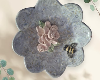 Glazed Clay Bee Bath: Garden Flower Water Cup with Stake