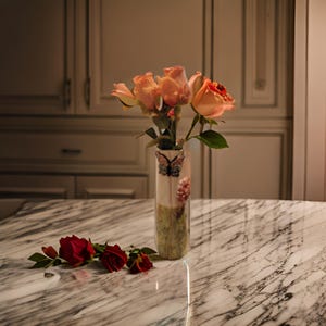 Handmade vase with a flower and a butterfly.  Butterfly, All were made by hand, handmade