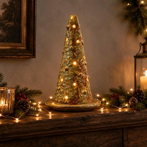 May include: A conical ceramic sculpture with a textured, sage green and brown glaze featuring embossed leaf and berry patterns. The structure is illuminated from within by small, warm white LED lights that shine through circular cutouts.