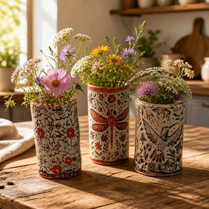 May include: Three cylindrical ceramic vases with hand-painted designs. The left vase features small red flowers, the center vase displays a large orange dragonfly, and the right vase shows a black hummingbird, all filled with assorted colorful wildflowers.