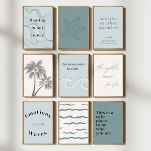May include: Set of nine printable wall art prints with blue and white color scheme. The prints feature inspirational quotes about healing, thoughts, emotions, and self-care. The prints are perfect for adding a touch of positivity and inspiration to any room.