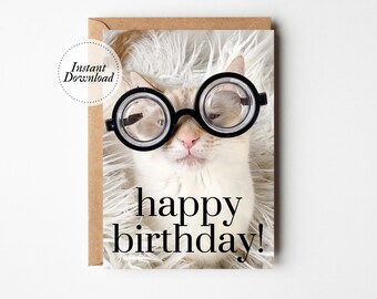 Printable Birthday Card, Happy Birthday, Cat in geezer glasses, Printable cat card, Funny cat card, Cat lover card, Funny card husband