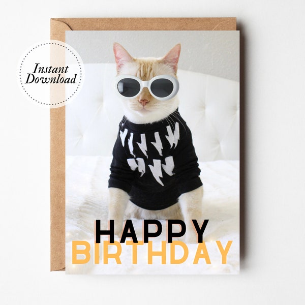 Printable Birthday Card, Happy Birthday, Printable Cat Card, Funny Cat ...