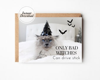 Printable Halloween Card - Only Bad Witches Can Drive Stick, Halloween Greetings, Happy Halloween Cat, Halloween Cat Lover, Joke Halloween