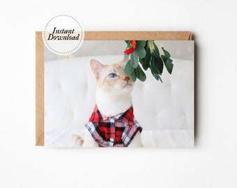 Printable Christmas Card, Happy Holidays Card, Digital Download, 5X7 Print At Home, Cute Cat Lover Card, Adorable Cat Card