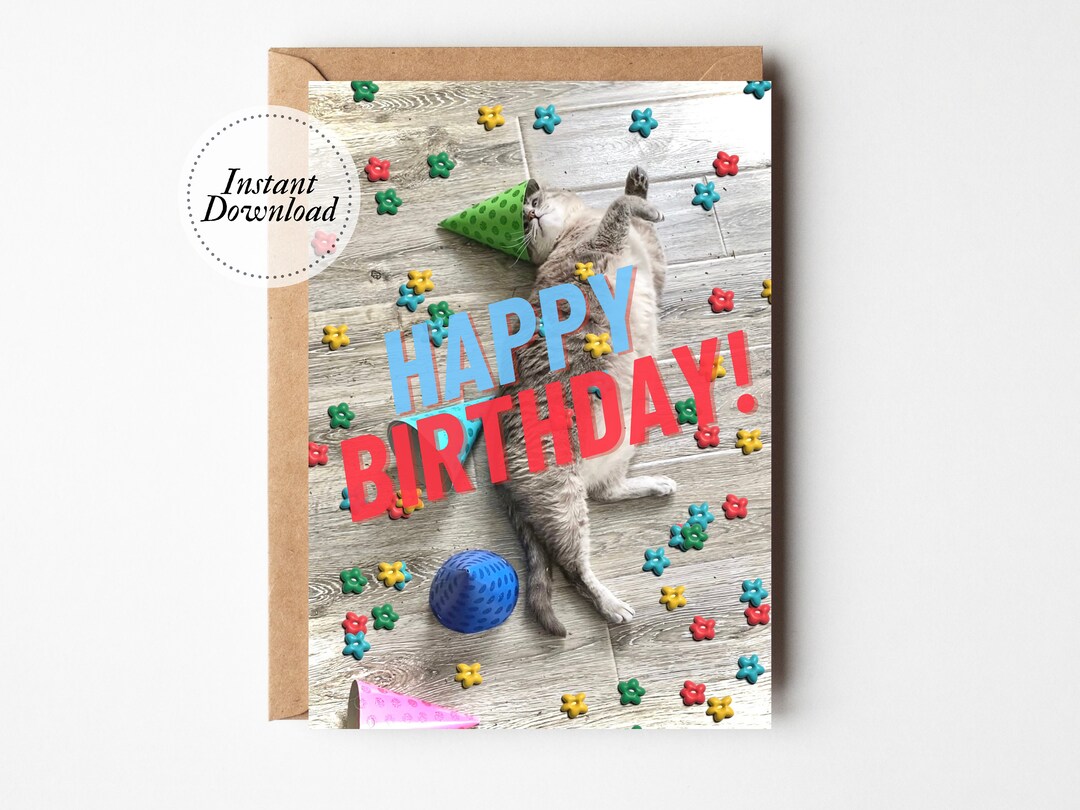 Printable Birthday Card, Happy Birthday, Cat in Birthday Hat, Printable ...