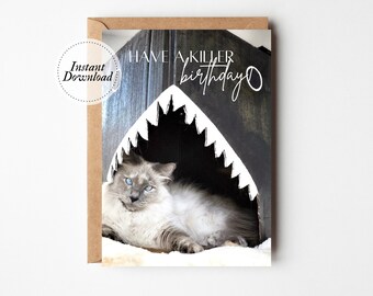 Printable Birthday Card, Have a killer birthday, Printable cat card, Shark birthday card, funny cat card, cat lover card, cute son card