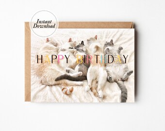Printable Birthday Card, Happy Birthday, Cuddle puddle of cats, Printable cat card, Funny cat card, cat lover card, crazy cat lady gift