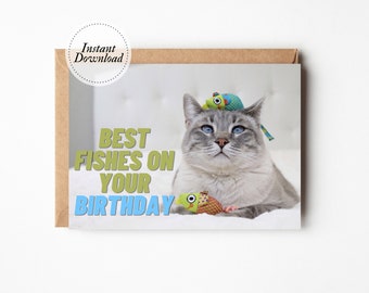 Printable Birthday Card, Best fishes on your birthday, Funny cat card, Cat lover card, Printable cat card, Funny card husband