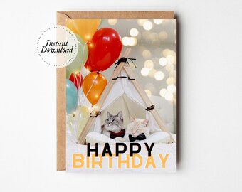 Printable Birthday Card, Happy Birthday, Up Adventure Balloons, Printable cat card, Funny cat card, Cat lover card, Cute son card