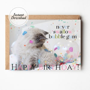 Printable Birthday Card, Never Swallow Bubble Gum, Happy Birthday, Printable cat card, Funny cat card, Cat lover card, Crazy cat lady gift