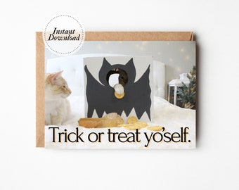 Carte d’Halloween imprimable, Trick Or Treat Yo’self, Salutations d’Halloween, Chauve-souris d’Halloween mignonne, Carte de chat d’Halloween, Blague d’Halloween