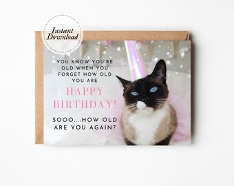 Printable Birthday Card, You know you're old when you forget how old you are. So how old are you again?, Joke birthday card, funny cat card