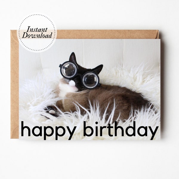 Printable Birthday Card, Happy Birthday, Kitty in geezer glasses, Printable cat card, Funny cat card, Cat lover card, 80th birthday card