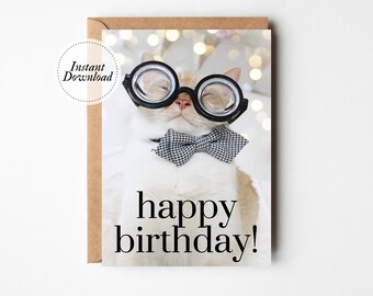 Printable Cat Card - Happy Birthday - Nerdy Cat