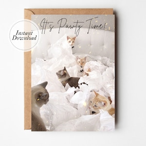 Printable Birthday Card, It&#39;s Pawty Time, Printable cat card, Cat lover card, funny cat card, Crazy cat lady gift