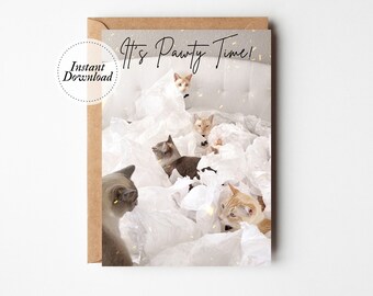 Printable Birthday Card, It's Pawty Time, Printable cat card, Cat lover card, funny cat card, Crazy cat lady gift