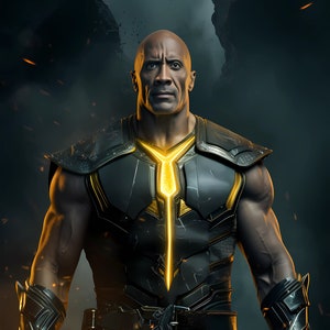 May include: A muscular man wearing a black and gold armored suit with a glowing yellow Y-shaped design on the chest. He is standing in front of a dark background with flames.