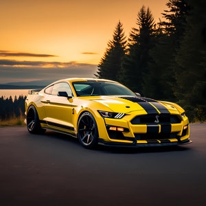 以下が含まれることがあります： 夕暮れの森の前に舗装された道路に駐車された、黒いレーシングストライプの入った黄色のフォードマスタングシェルビーGT500。
