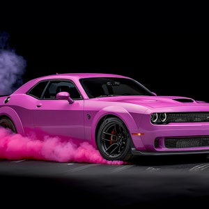 May include: A bright pink Dodge Challenger muscle car with black wheels and a black front spoiler. The car is doing a burnout, leaving a trail of pink smoke behind it.