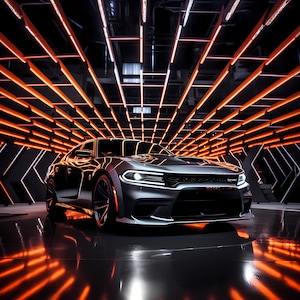 Könnte beinhalten: Ein elegantes, schwarzes Auto mit sportlichem Design steht in einer Garage mit orangefarbenen Lichtern. Das Auto hat einen schwarzen Kühlergrill und Scheinwerfer, und der Innenraum ist durch die Fenster sichtbar.