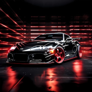 May include: A black sports car with red accents and large wheels, parked in a dark garage with red lights.