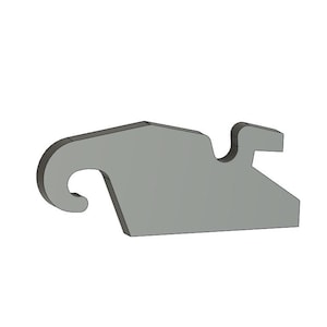 May include: A grey metal hook with a curved end and a small hole in the top. The hook is designed to be attached to a surface and used to hang items.