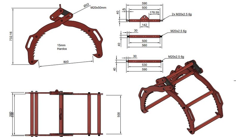 K&ouml;nnte beinhalten: Ein roter Metallgreifer mit gebogenen Backen und gezahnten Kanten, f&uuml;r den Schwerlasttransport konzipiert. Das Bild enth&auml;lt detaillierte Ma&szlig;zeichnungen mit Millimeterangaben, einschlie&szlig;lich einer H&ouml;he von 732,16 mm und einer Breite von 800 mm.