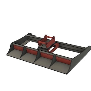 May include: A gray and red excavator bucket with a central mounting bracket. The bucket has a series of angled dividers and a curved front edge. The design is rendered against a white background.