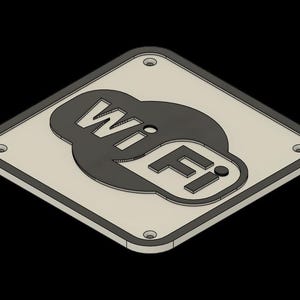 May include: A white square sign with a black WiFi symbol. The sign has four small holes around the edges.