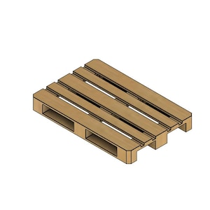 Könnte beinhalten: Eine Holzpalette mit vier Latten und brauner Farbe. Die Palette hat neun Öffnungen an der Unterseite.
