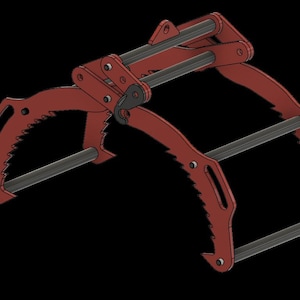 K&ouml;nnte beinhalten: Ein roter Metallgreifer mit einem komplexen, gegliederten Design. Der Greifer verf&uuml;gt &uuml;ber gebogene Backen mit gezahnten Kanten und mehreren Drehgelenken, die durch dunkelgraue Stangen verbunden sind. Das Objekt ist vor einem schwarzen Hintergrund platziert.