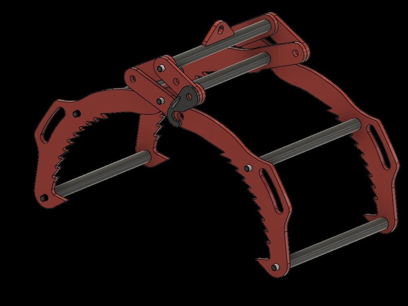 K&ouml;nnte beinhalten: Ein roter Metallgreifer mit einem komplexen, gegliederten Design. Der Greifer verf&uuml;gt &uuml;ber gebogene Backen mit gezahnten Kanten und mehreren Drehgelenken, die durch dunkelgraue Stangen verbunden sind. Das Objekt ist vor einem schwarzen Hintergrund platziert.