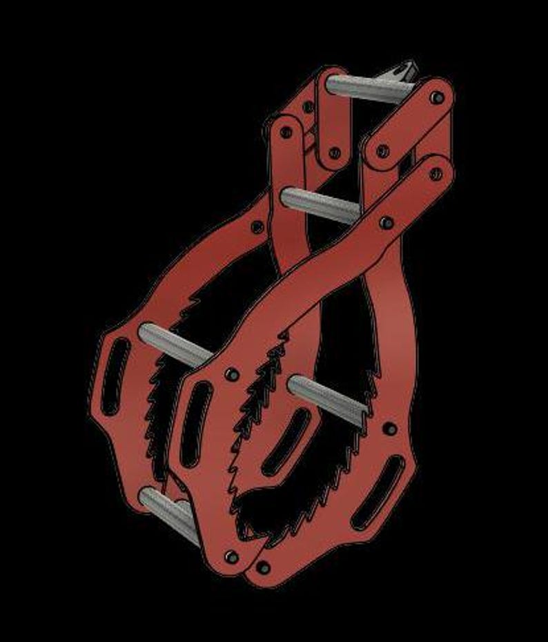 K&ouml;nnte beinhalten: Ein rotes mechanisches Ger&auml;t mit mehreren gelenkigen Armen und gezahnten Backen, das zum Greifen oder Halten von Gegenst&auml;nden bestimmt ist. Das Ger&auml;t hat mehrere silberfarbene zylindrische St&auml;be, die die Arme verbinden, vor schwarzem Hintergrund.