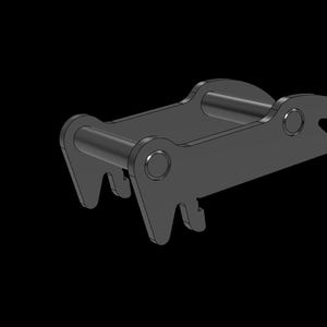 Op de afbeelding: Een donkergrijze metalen component met een rechthoekige basis, een gebogen handvat en een haakvormige verlenging. Het ontwerp heeft afgeronde randen en een symmetrische structuur, tegen een zwarte achtergrond.