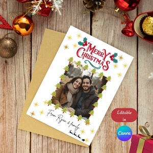 Christmas card photo template merry xmas family portrait printable holiday card template family card instant download, editable in canva