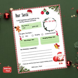 Carta a Papá Noel para imprimir, carta de Navidad para niños, lista de deseos, carta a Papá Noel, descarga instantánea, carta a Papá Noel, cartas de Navidad para niños, elfo