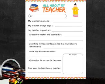 Teacher appreciation editable template all about my teacher get to know teacher thank you coloring pages favorite things  kids teacher gifts