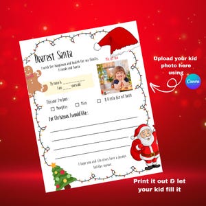 Plantillas de cartas a Papá Noel editables para niños pequeños, plantilla de página de cartas a Papá Noel, descarga instantánea, imprimible digital, fácil de imprimir