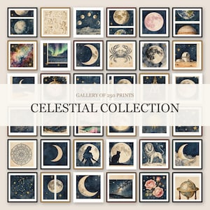 250 väggkonsttryck med himlakroppar, vintage-astronomigalleri, utskrivbar dekor med månen och stjärntecken, digital nedladdning direkt