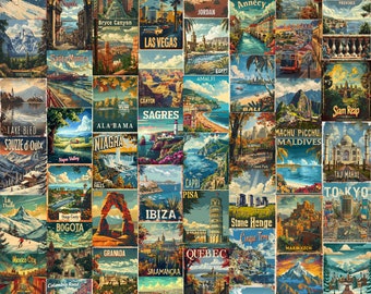 Reisposter, vintage reiskunst aan de muur, retro-esthetiek, reismuurafdrukken, reishuisdecoratie, vintage poster, esthetische collage, 200 stuks