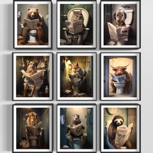 Tiere sitzen auf der Toilette. Digitaler Download-Bundle, lustige Badezimmer-Wanddekoration, Tier-Humor-Drucke